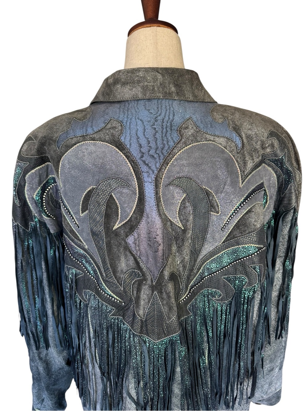 Vintage 80s Roberto Cavalli Fringed Metallic Blue Gray Suede Western Jacket XS - Picture 6 of 16